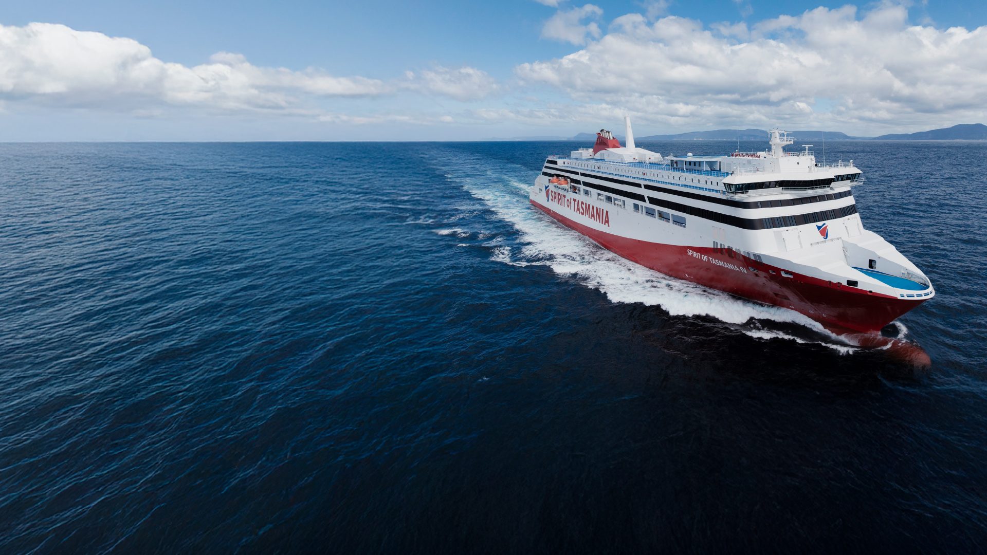 Spirit of Tasmania IV underway on Bass Strait, with a distant Tasmanian coastline