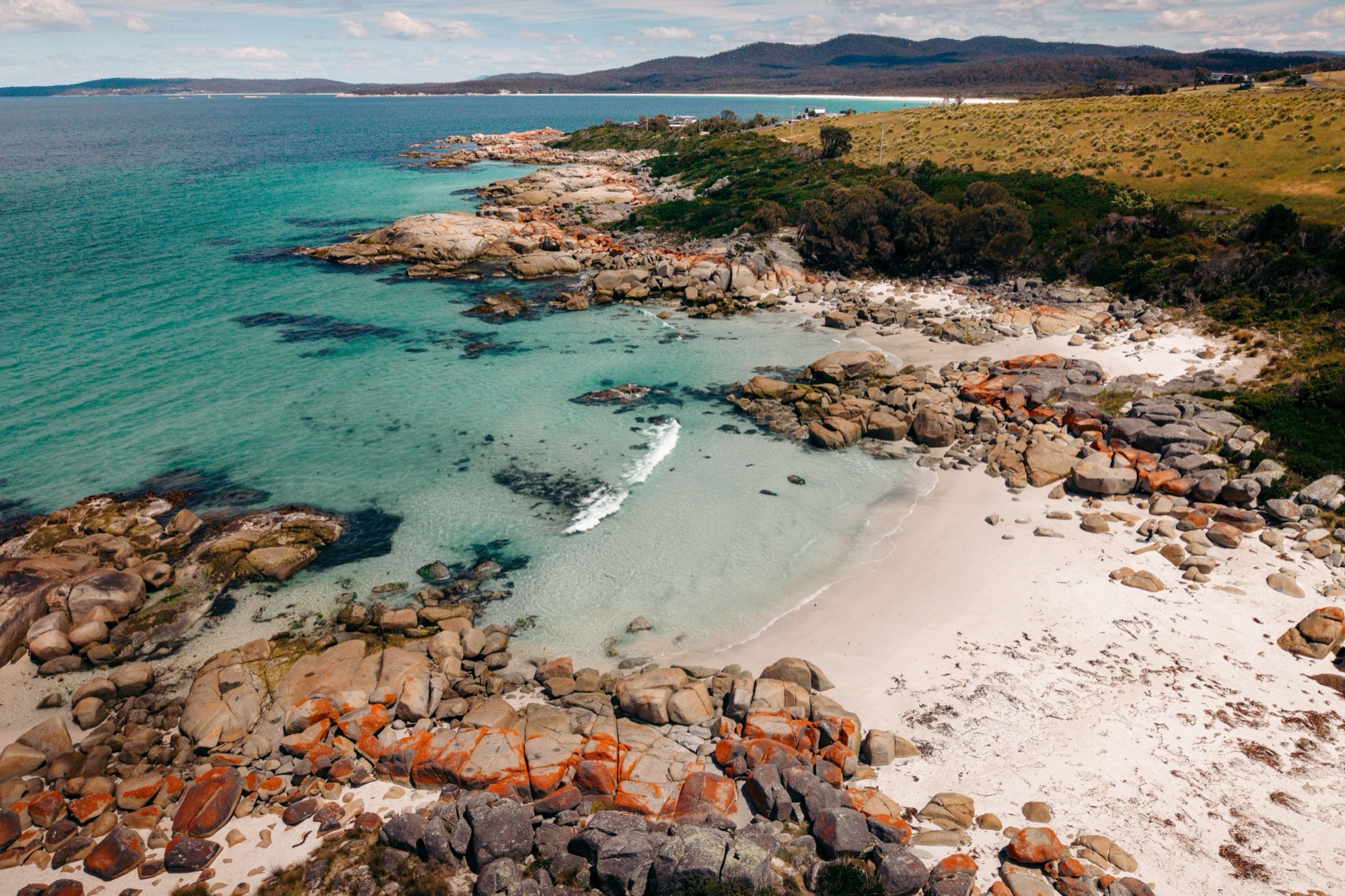 Orange-lichened granite coastline at The Gardens in the Bay of Fires